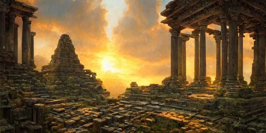 Image similar to beautiful hyperrealistic spectacular painting of the mysterious intricate ruins of the mysterious ancient temple, an advanced technology timemachine with a green - glowing - crystal from the future is inside the temple, by hubert robert and lee madwick and bastien lecouffe - deharme, dramatic sunset lighting, advanced technology