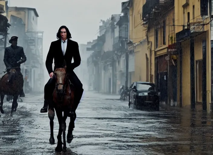 Prompt: first official image from bond 2 6, starring adam driver as agent 0 0 7, riding a horse through the streets of valparaiso, chile in heavy rain. directed by alejandro inarritu. stunning cinematography, kodak vision 2 0 0 t, high contrast, anamorphic lens, chromatic aberration.