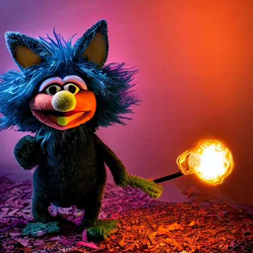 Image similar to a large fox colored furby muppet holding a lit torch and herding a bunch of random muppet animals following behind through a dark felt forest at night, sesame street, photograph, photography, ultrarealistic, national geographic