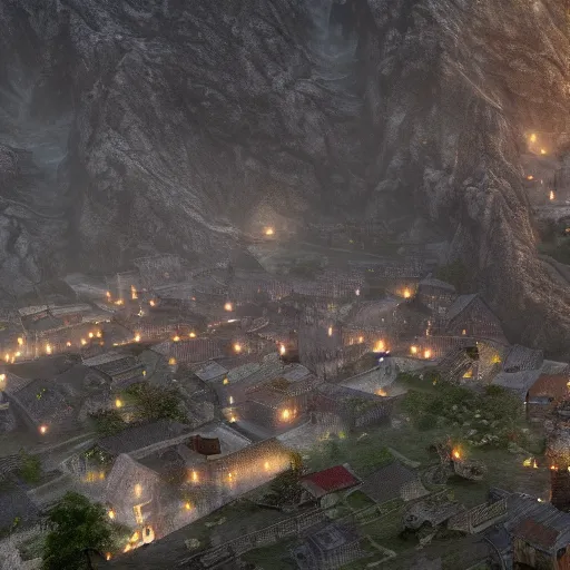 Image similar to the center of a poor medieval town under heavy rain at late dawn, in a valley, surrounded by mountains, highly detailed, octane render, ultra detailed cinematic, 8 k, widescreen, 1 6 : 9, hd