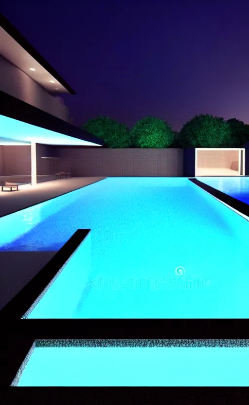 Image similar to swimming pool at night, soft render, volumetric lighting, 3d grainy illustration