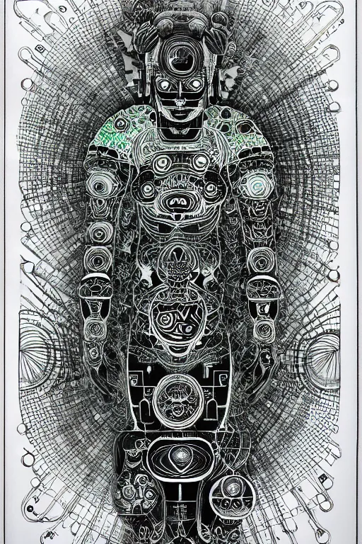 Image similar to a black and white drawing of awakened chakra android cyberpunk being, bioluminescence, a detailed mixed media collage by eduardo paolozzi and ernst haeckel, intricate linework, sketchbook psychedelic doodle comic drawing, geometric, deconstructivism, matte drawing, academic art, constructivism