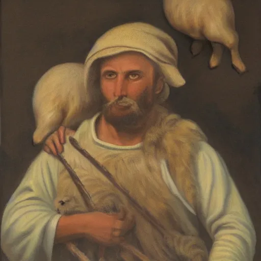 Image similar to realistic painting of abel the shepherd of sheep, shepherding the flock, in the style of miguelangel