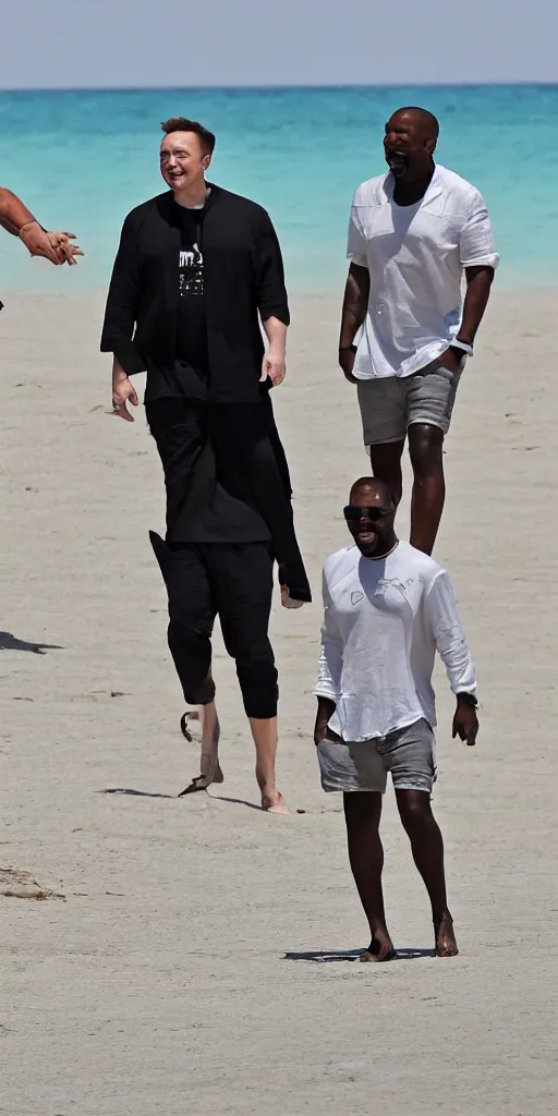 Image similar to elon musk and kanye west happy smiling laughing walking around the beach in aruba