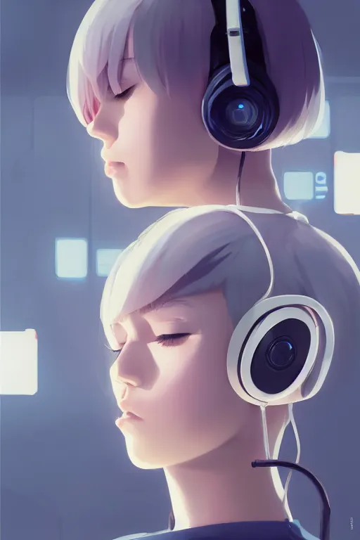 Image similar to a cute young woman listening to music with her eyes closed and wearing headphones, white bob cut hair, cyberpunk setting, e-girl, blue and white, soft lighting, atmospheric, cinematic, moody, in the style of Ilya Kuvshinov and Range Murata, Krenz Cushart, oil on canvas, 8k