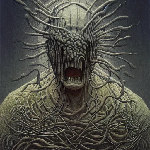 Prompt: the shapeshifter by zdzisław beksiński, dariusz zawadzki, jeffrey smith and h.r. giger, oil on canvas, 8k highly professionally detailed, trending on artstation