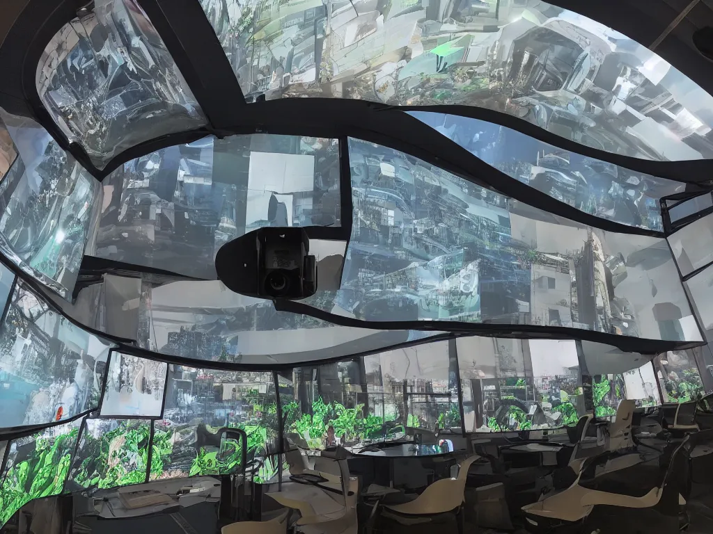 Image similar to visors with curved translucent screens projecting detailed outdoor camera footage ( 2 0 4 2 ), pixel perfect photograph, volumetric lighting, thin glowing lights, chair, users, pair of keys