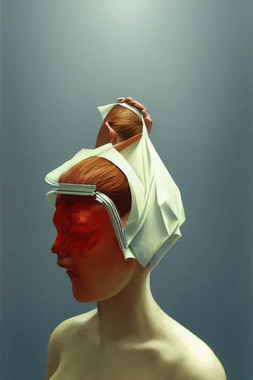 Image similar to Woman wearing oculus and toilet paper over his head, Edward Hopper and James Gilleard, Zdzislaw Beksisnski, highly detailed