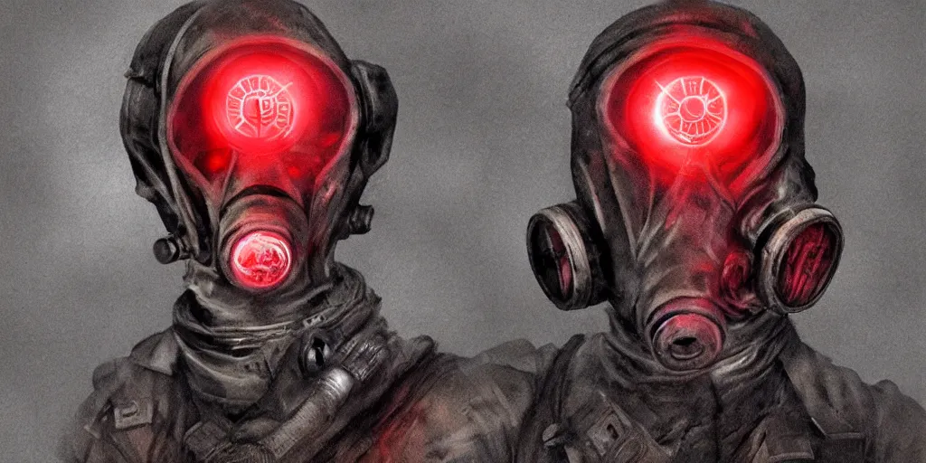 Image similar to buff soviet russian soldier wearing a demonic gasmask with glowing red eyes, concept art, digital portrait, horror, creepy, concept art, military art, dark fantasy art, sci - fi, retrofuturism