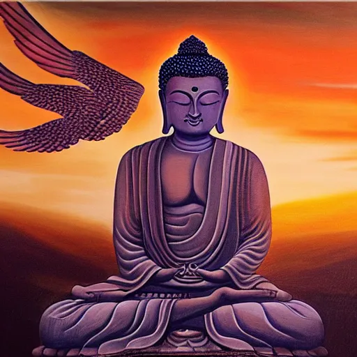 Prompt: Buddha with wings, flapping its wings flying in sunset sky, oil on canvas, portrait, intricate, 8k highly professionally detailed, HDR, CGsociety