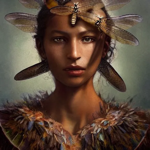 Image similar to brown woman wearing a dragonfly armor. iridiscent. extremely photorealistic. super detailed. layered. textured. award winning. dispersion of light. refracted lighting. soft. fragile. by ray caesar. by louise dahl - wolfe. by andrea kowch. by tom bagshaw. surreal photoraphy