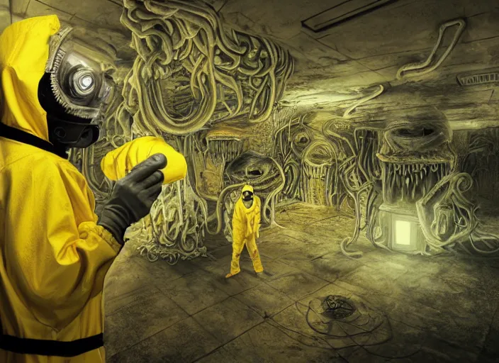 Prompt: a man in a yellow hazmat suit being eaten by a highly detailed Cthulhu Eldritch demon with many eyes and tentacles in an underground brutalist bunker, highly realistic, highly detailed, intricate, cinematic, wide angle, grime, symmetrical and centered, front facing camera, epic lighting, Unreal engine render in 8k