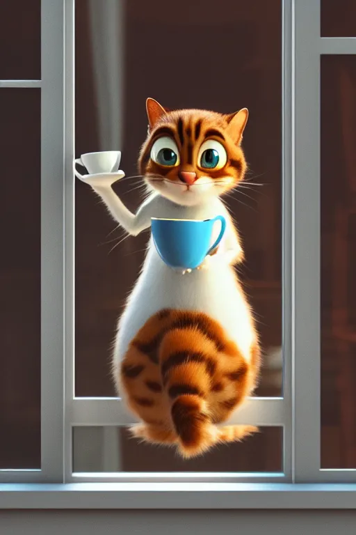 Prompt: happy cat holding one cup of coffee at house window. Pixar Disney 4K 3d render funny animation movie Oscar winning trending on ArtStation and Behance. Ratatouille style.