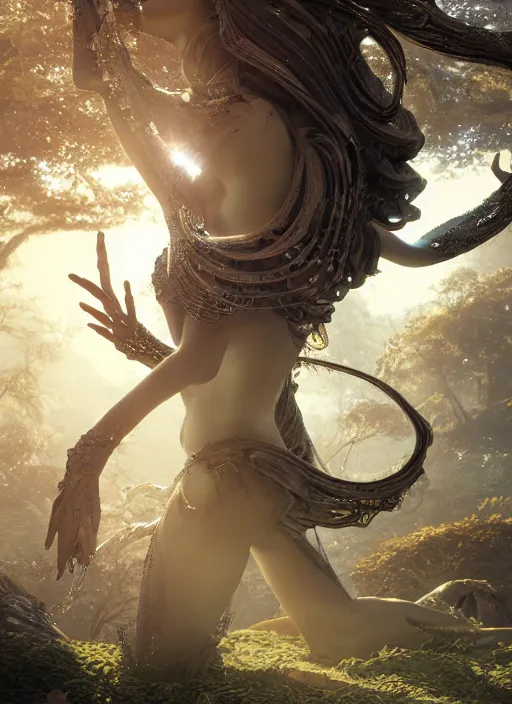 Image similar to sumptuous biomechanical incredible hair, masterpiece crystalline incrustations, hyperdetailed face, elegant pose, movie still, intricate, octane render, cinematic forest lighting, cgsociety, unreal engine, crepuscular rays, god rays