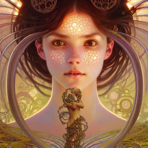 Prompt: Portrait of a girl surrounded by floating orbs, face, fantasy, intricate, elegant, highly detailed, digital painting, artstation, concept art, smooth, sharp focus, illustration, art by Hajime Sorayama and Fernanda Suarez and Artem Demura and alphonse mucha