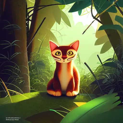 Image similar to national geographic illustration a young little cat in the jungle by goro fujita, painting by goro fujita, sharp focus, highly detailed, artstation