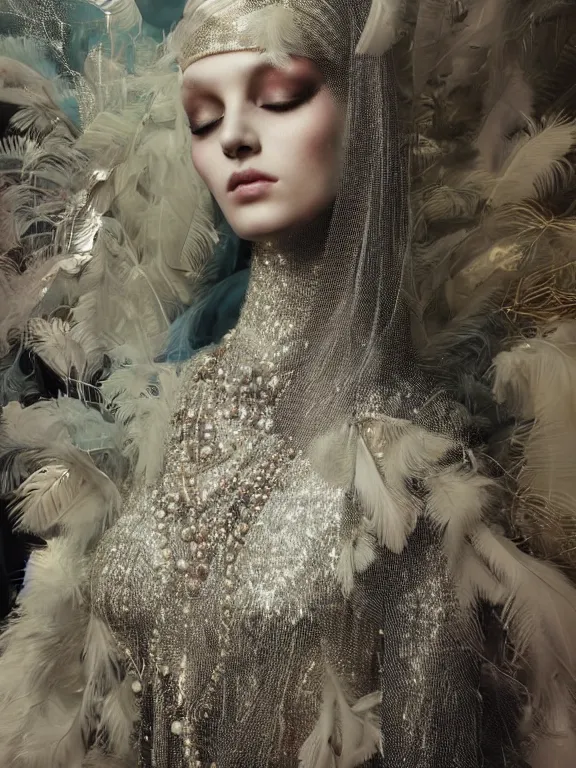 Image similar to realistic 3d character render of a beautiful model in the bergdorf goodman windows, veiled, embellished sequined,feather-adorned,by tom bagshaw,Cedric Peyravernay,William Holman Hunt,William Morris,Catherine Nolin,metropolis,Gucci,Dior,trending on pinterest,maximalist,glittering,feminine