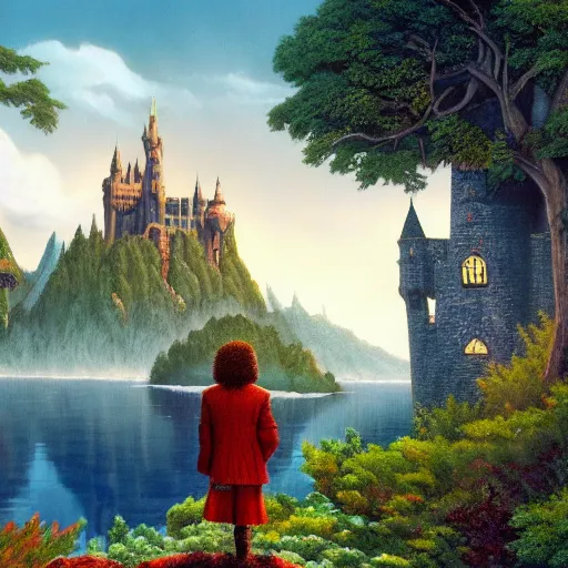 Image similar to Bob Ross in front of the Castle of Distant Ideal, fantasy art, 8k HD wallpaper, professional art, Wes Anderson, Camelot, Arthurian legend, Featured on art