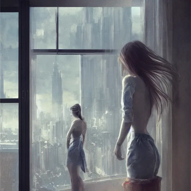 Image similar to window, woman, buildings, surprise, scared, couch by wlop, artgerm, greg rutkowski, evocative, highly detailed