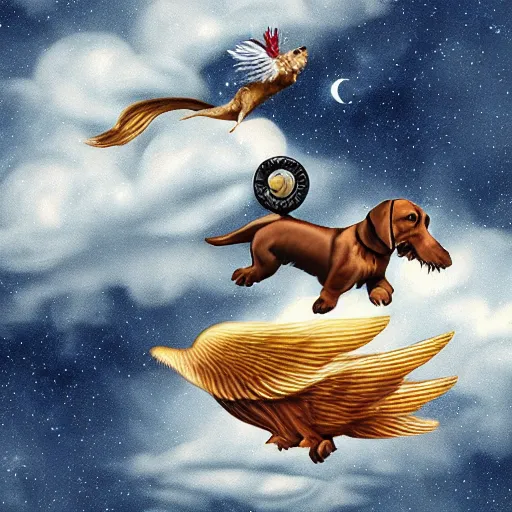 Image similar to sausage dog riding a griffon, through the clouds on a postage stamp, artistic rendering, 4 k high rez, abstract design, stary night sky