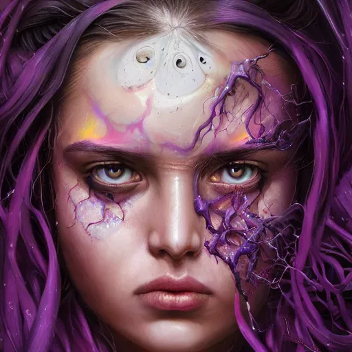 Image similar to detailed photo portrait of a furious teen girl with thin, hair-like purple tentacles on her head and bright purple eyes, 8k,by tristan eaton, Stanley Artgermm,Tom Bagshaw,Greg Rutkowski,Carne Griffiths,trending on DeviantArt, face enhance,hyper detailed ,full of colour, dramatic lightning