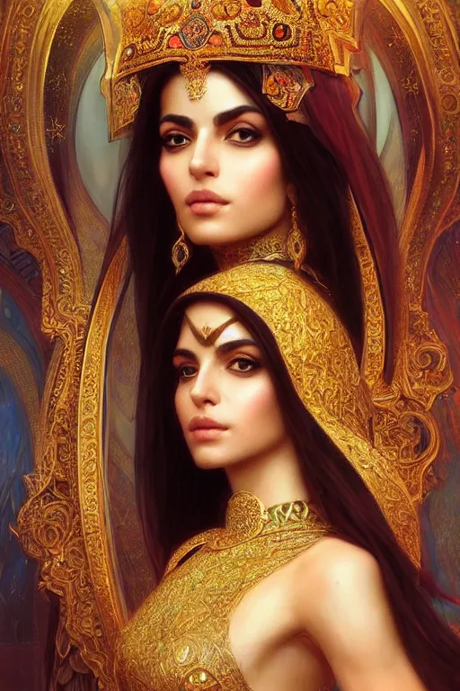 Prompt: Beautiful portrait of an attractive Persian Princess who is an architect, beautiful princess, face painting, persian architecture, dramatic lighting, intricate, wild, highly detailed, digital painting, artstation, concept art, smooth, sharp focus, illustration, art by artgerm and greg rutkowski and alphonse mucha, footage from space camera