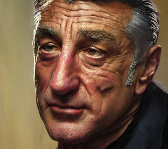 Image similar to a hyper-detailed oil painting of Robert DeNiro by Craig Mullins; anatomically correct