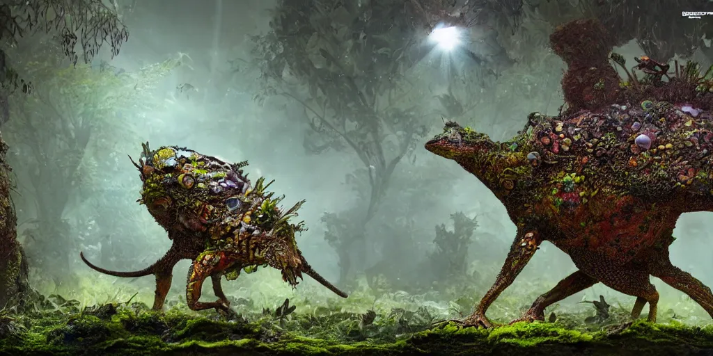 Image similar to a bird reptile giraffe mushroom jelly hybrid creature monster with metal scales feathers fur moss spines knobs, rich diverse lush alien world, fantasy, science fiction, dramatic lighting, in the style of national geographic, ken barthelmey, patrick woodroffe, illustration, octane render 8 k