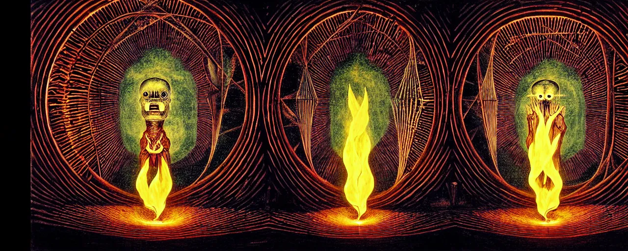 Image similar to epic tunnel, ego - self axis lit by fire torches, with a strange creature with endearing eyes reverberating a unique canto'as above so below'while being ignited by the spirit of haeckel and robert fludd, glory to soul, in honor of saturn, painted by ronny khalil