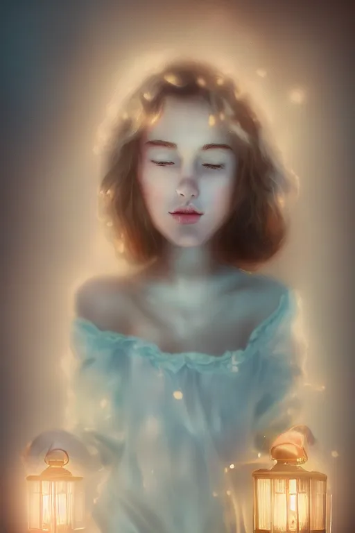 Prompt: dreamy portrait of a gorgeous girl holding a lantern, highly realistic smooth porcelain skin, pastel cloud in the head, intricate details, saturated matte colors, eye - candy, gorgeous, impressionism, artstation, volumetric lighting, studio lighting, photorealism