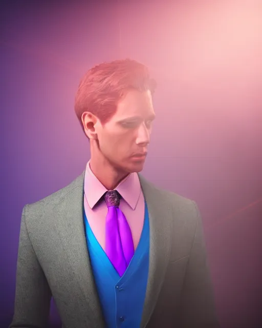 Image similar to man in blue suit with pink tie and purple shirt pondering, hyper realism, cinematic, volumetric lighting, intricate complexity, extremely detailed,