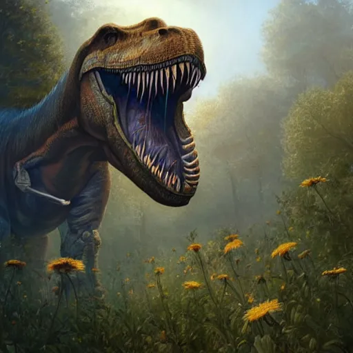 Image similar to Beautiful digital painting of monumental dinosaur made of flowers by Greg Rutkowski and James Gurney, trending on Artstation, deviantart, ultra detail