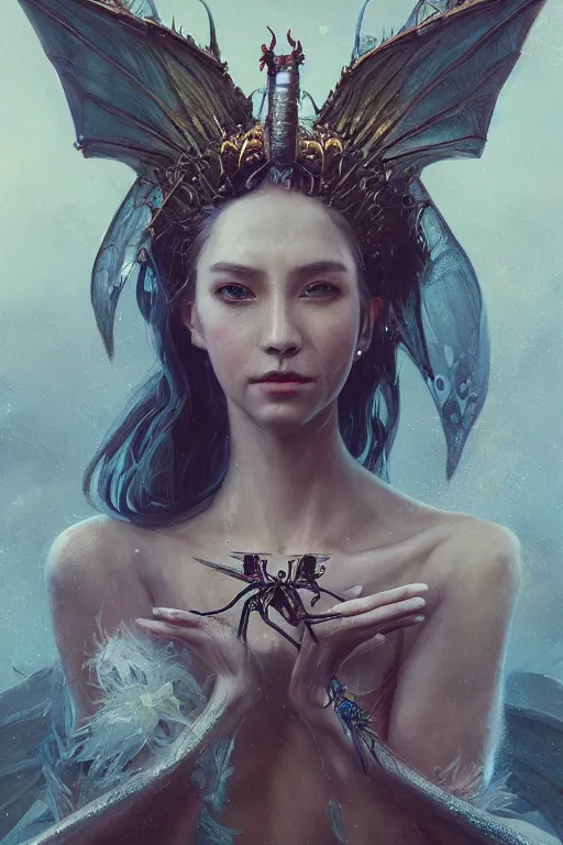 Prompt: a fancy portrait of a dragon fly queen by Greg Rutkowski, Sung Choi, Mitchell Mohrhauser, Maciej Kuciara, Johnson Ting, Maxim Verehin, Peter Konig, final fantasy , mythical, 8k photorealistic, cinematic lighting, HD, high details, atmospheric,