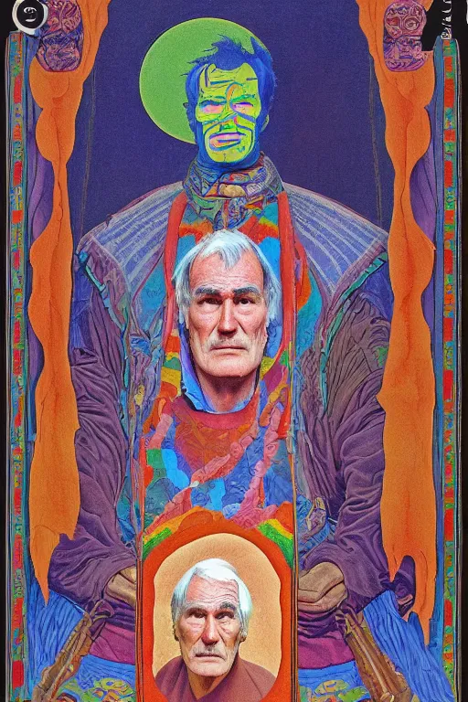 Image similar to an incredible and hilarious jean giraud portrait of timothy leary in the style of a renaissance masters portrait, mystical and new age symbolism, tibetan book of the dead