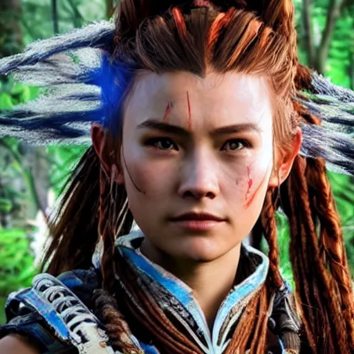 Image similar to aloy of horizon zero dawn in real life , photorealistic , detailed