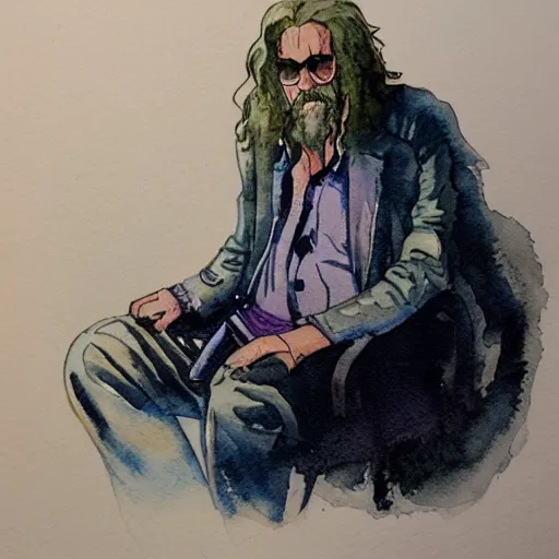 Image similar to watercolor ink painting of an man sitting, the dude from the big lebowski magician closes his eyes, in the style of jean giraud, 8 k, highly detailed