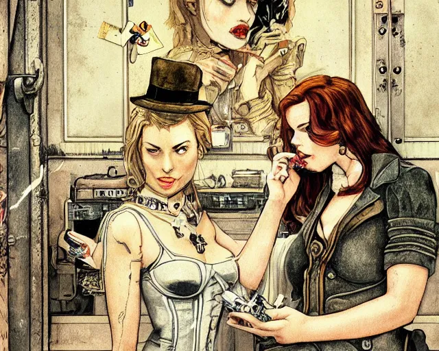 Prompt: women in the interior of a steampunk apartment, Milo Manara, night time, Margot Robbie, Scarlett Johanson, zoey Deschannel, smoking cigarettes, playing board games, highly detailed, Tarantino movie posters, melancholy, level design, concept art, artstation, cgsociety, zenith view H- 350