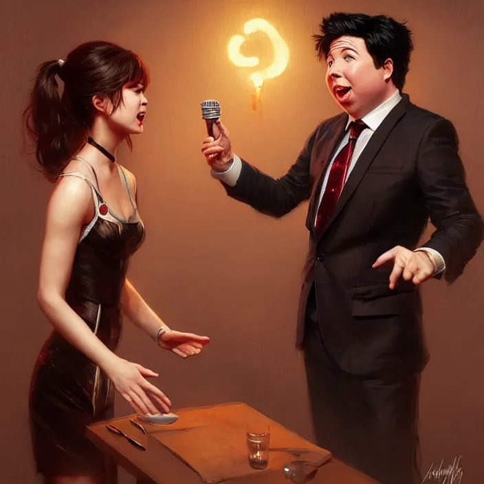 Image similar to michael mcintyre flirting with a singing waitress, elegant, real life skin, intricate artwork, high detailed, artstation, concept art, smooth, sharp focus, art by artgerm and greg rutkowski