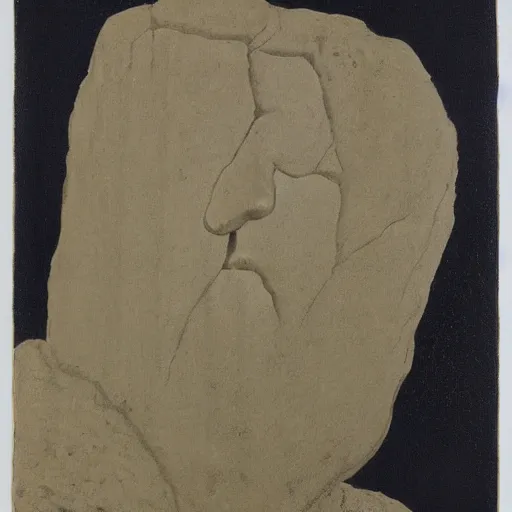 Image similar to accurate by he jiaying, by peder balke. a land art of a large granite boulder carved to resemble a human face. the nose is slightly upturned, & the eyes & mouth are closed.