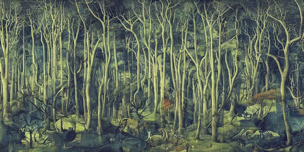 Prompt: a highly detailed color landscape painting of a dense forest by bosch, by giger, by beardsley, lush greenery and lightning bolts coming down to treetop transformers from storm clouds in a blue sky