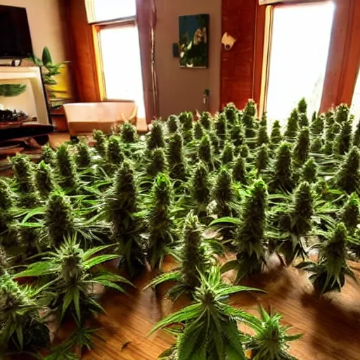 Prompt: a forest of cannabis is inside the living room