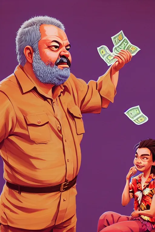 Prompt: a highly detailed beautiful portrait of Luiz Inácio Lula da Silva in Hell wearing a hawaiian shirt, counting money in front of people, highly detailed, 2d game fanart behance hd by Jesper Ejsing, by RHADS, Makoto Shinkaih and Lois van baarle, ilya kuvshinov, rossdraws global illumination, cinematic , hyper-reslistic, depth of field, coherent, high definition, 8k resolution octane renderer, artstation