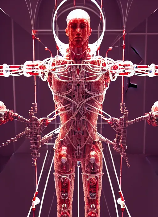 Image similar to , high detailed space station interior, a statue jesus on cross made of red marble, perfect symmetrical body, full body shot, inflateble shapes, wires, tubes, veins, white biomechanical, wearing epic bionic cyborg implants, masterpiece, intricate, biopunk, vogue, highly detailed, artstation, concept art, cyberpunk, octane render