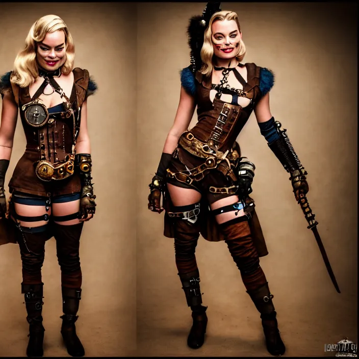 Image similar to full body portrait photograph of a margot robbie as a steampunk warrior. Extremely detailed. 8k