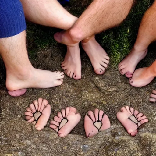 Image similar to a group of hobbits admiring the hairiness of their feet