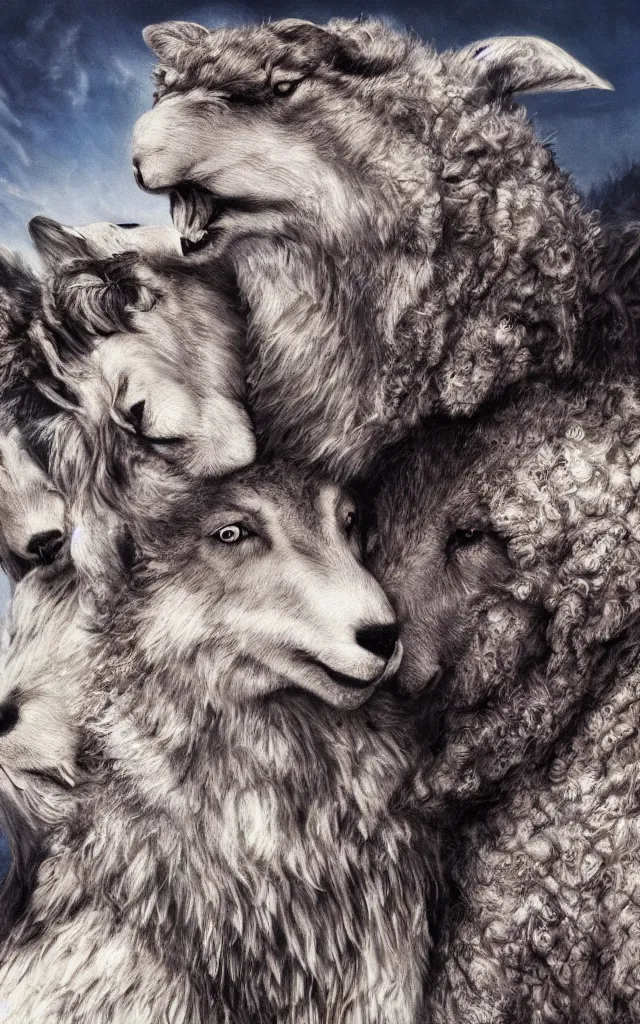Prompt: metalheart sheep biting the neck of a realistic wolf masterpiece album cover