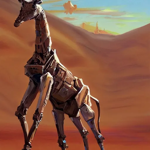 Image similar to a half robot giraffe walking on mars, trending on artstation, art by greg manchess, guangjian, detailed digital art, artstation hd