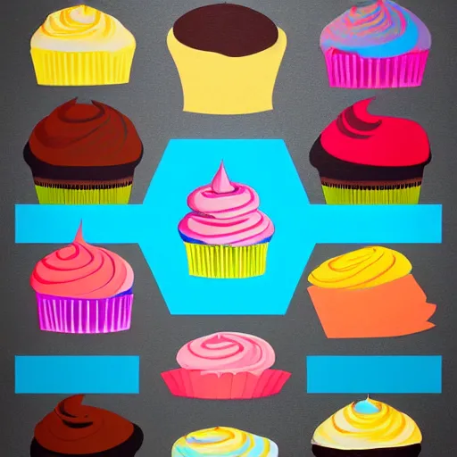 Prompt: cupcake logo painting by tim biskup and afshar petros, matte background, sharp contours, minimal, trending on artstation