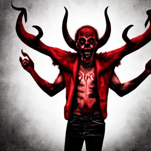 Image similar to the _ devil _ holding _ a _ skull _ red _ horns _ ominous _ fiery _ background _ symmetrical _ detailed _ face _ despair _ highly _ detailed _ high _ resolution _ sandro _ botticel