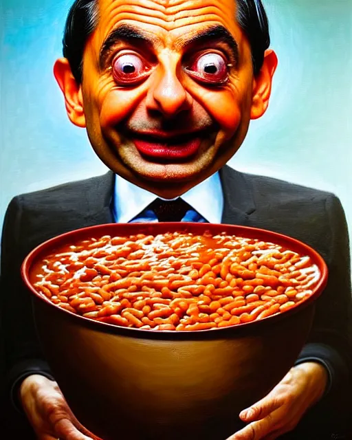 Image similar to portrait of mr bean's face in a bowl full of baked beans, face covered in beans and tomato sauce, baked beans covering his eyes, a pile of baked beans on his head, his mouth wide open and full of baked beans, overflowing with baked beans, muted colors, surrealist oil painting, highly detailed